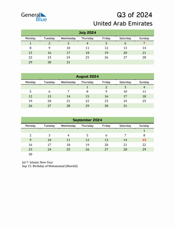 Quarterly Calendar 2024 with United Arab Emirates Holidays