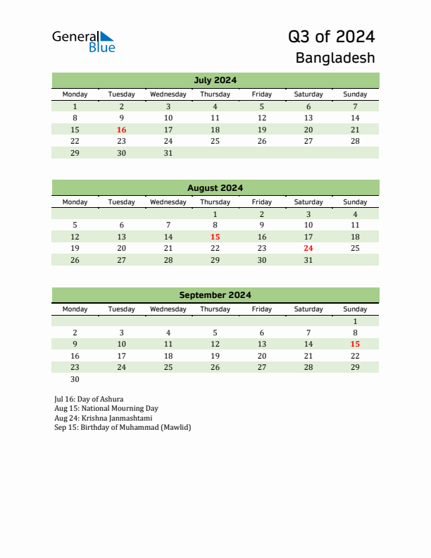 Quarterly Calendar 2024 with Bangladesh Holidays