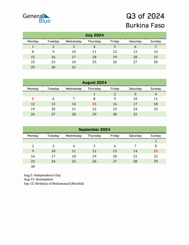 Quarterly Calendar 2024 with Burkina Faso Holidays