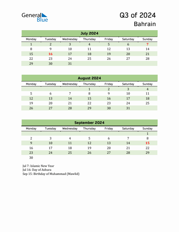 Quarterly Calendar 2024 with Bahrain Holidays