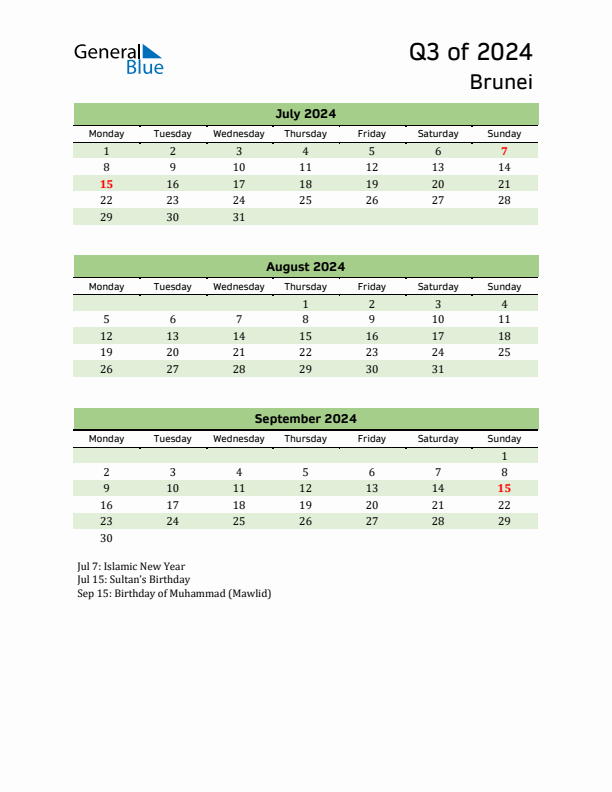 Quarterly Calendar 2024 with Brunei Holidays