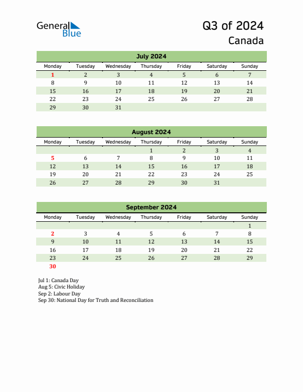 Quarterly Calendar 2024 with Canada Holidays