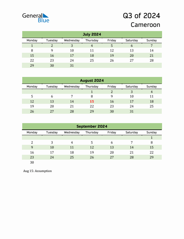 Quarterly Calendar 2024 with Cameroon Holidays