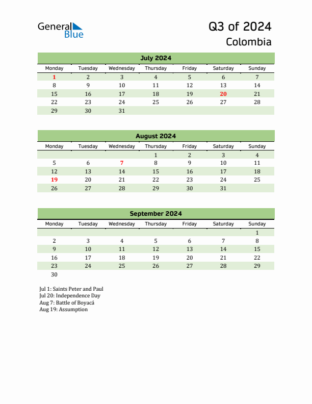 Quarterly Calendar 2024 with Colombia Holidays