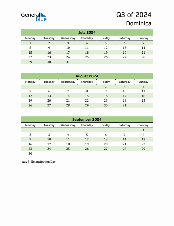 Quarterly Calendar 2024 with Dominica Holidays