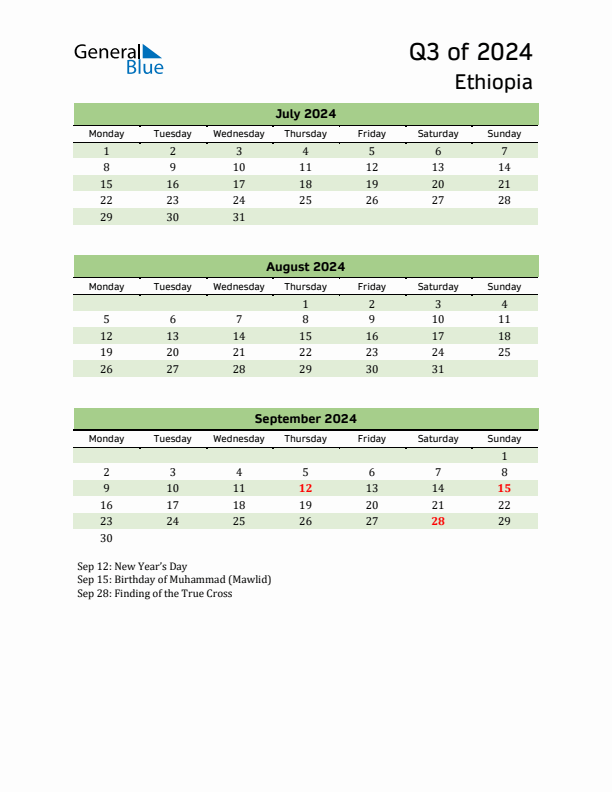 Quarterly Calendar 2024 with Ethiopia Holidays