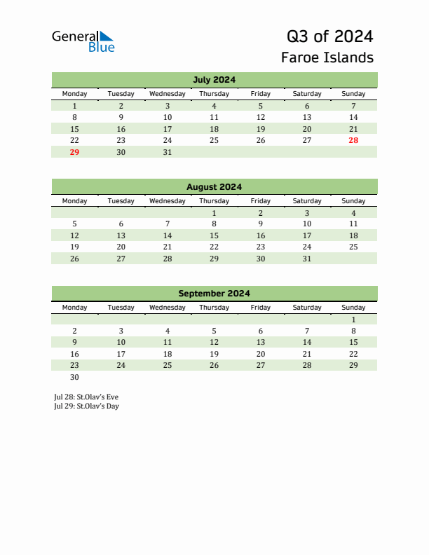 Quarterly Calendar 2024 with Faroe Islands Holidays