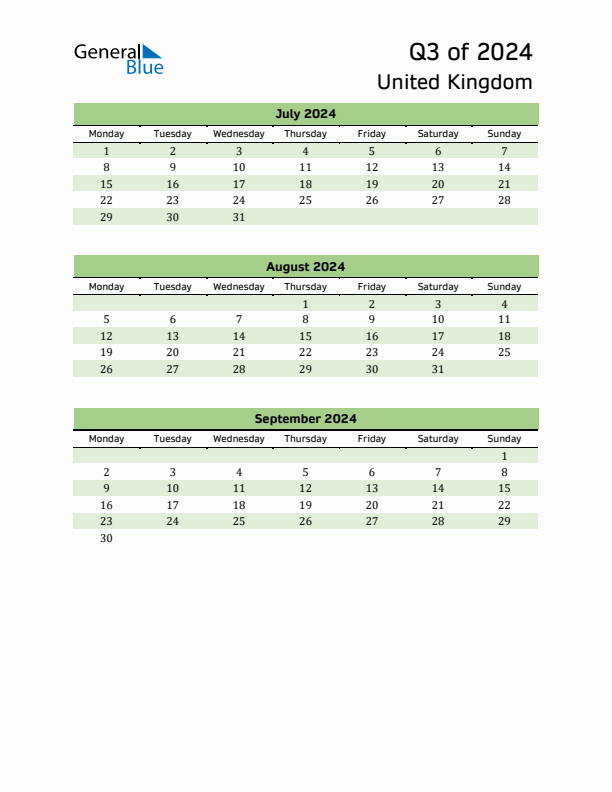 Quarterly Calendar 2024 with United Kingdom Holidays