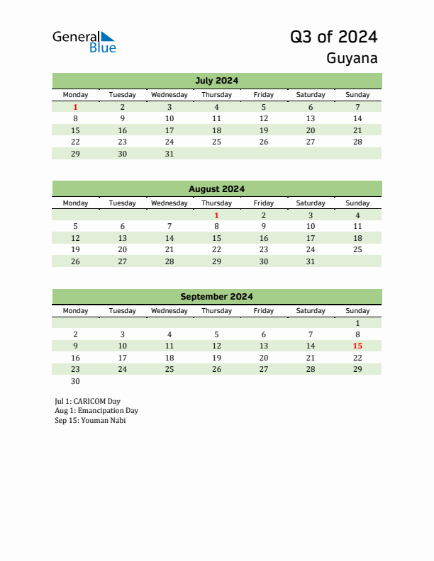 Quarterly Calendar 2024 with Guyana Holidays