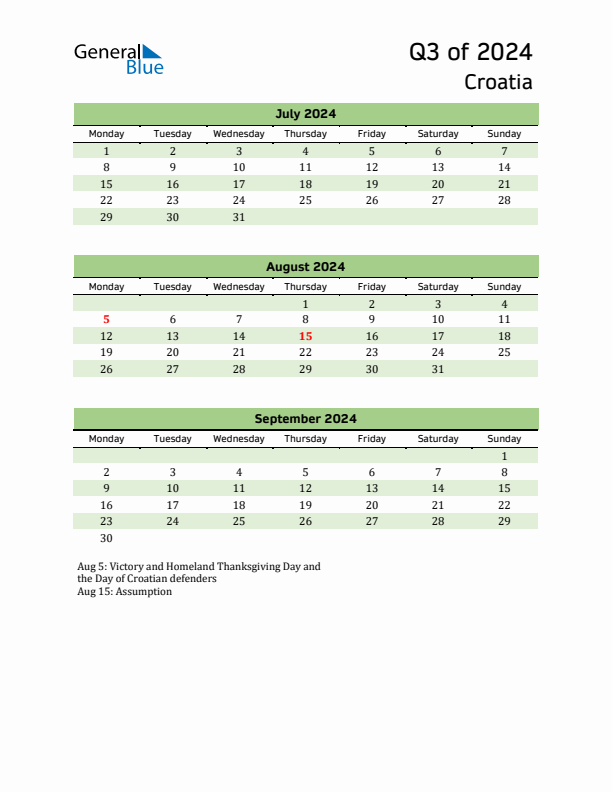 Quarterly Calendar 2024 with Croatia Holidays