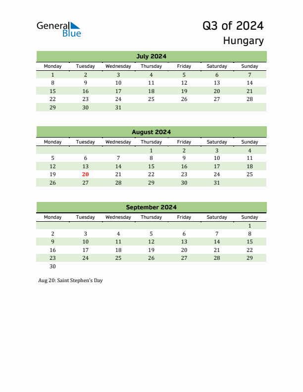 Quarterly Calendar 2024 with Hungary Holidays