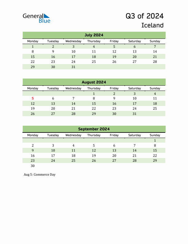 Quarterly Calendar 2024 with Iceland Holidays