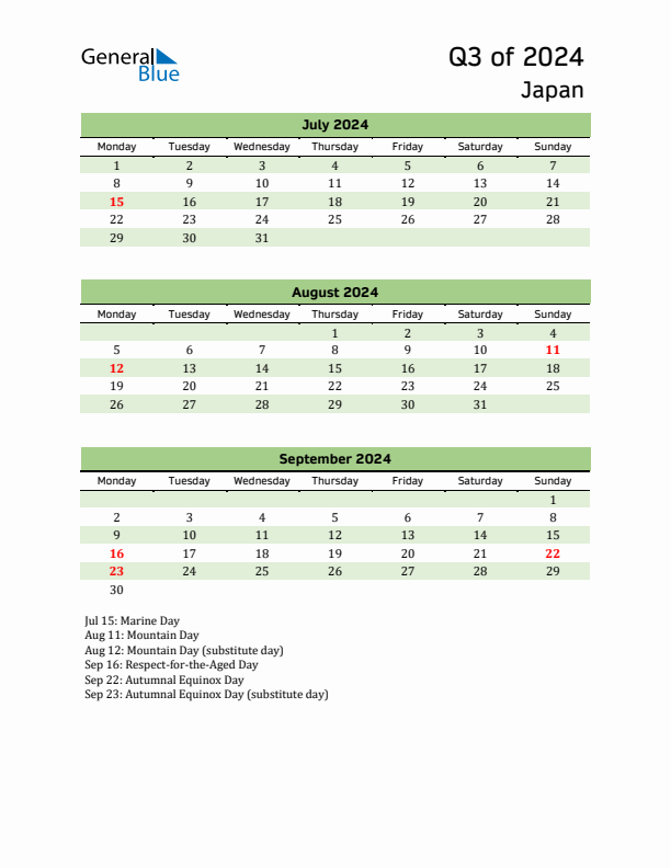 Quarterly Calendar 2024 with Japan Holidays