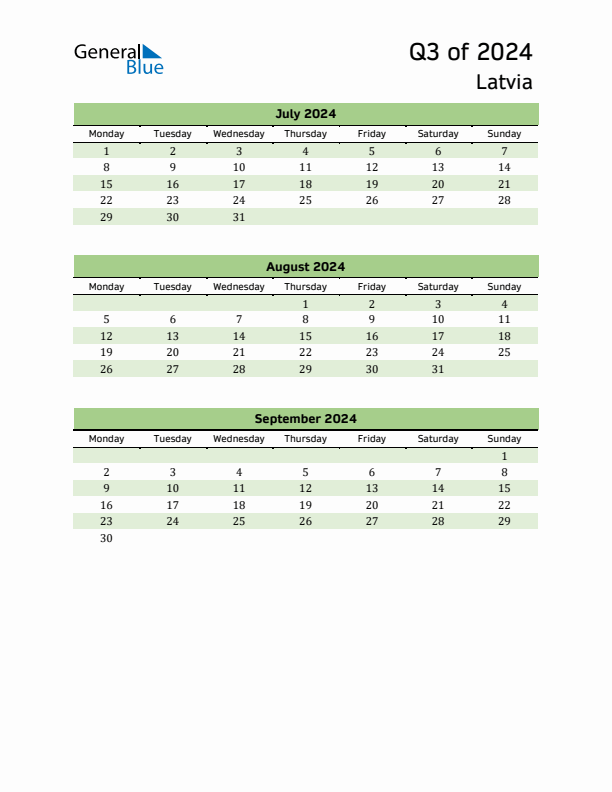 Quarterly Calendar 2024 with Latvia Holidays