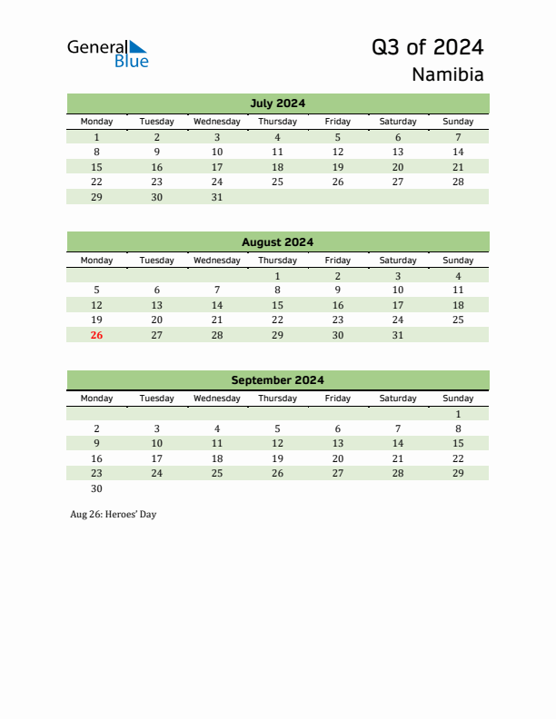 Quarterly Calendar 2024 with Namibia Holidays