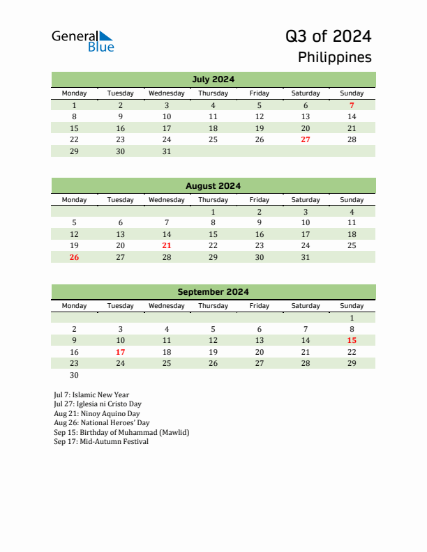 Quarterly Calendar 2024 with Philippines Holidays