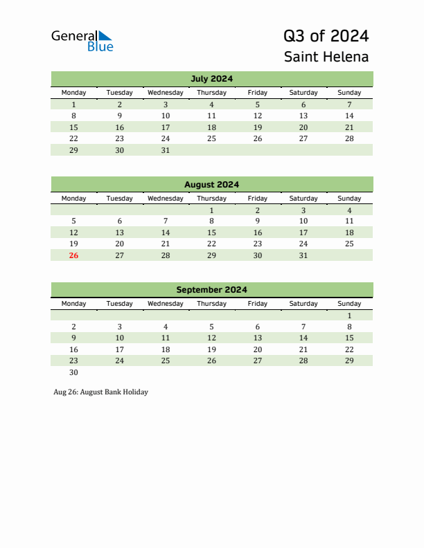 Quarterly Calendar 2024 with Saint Helena Holidays