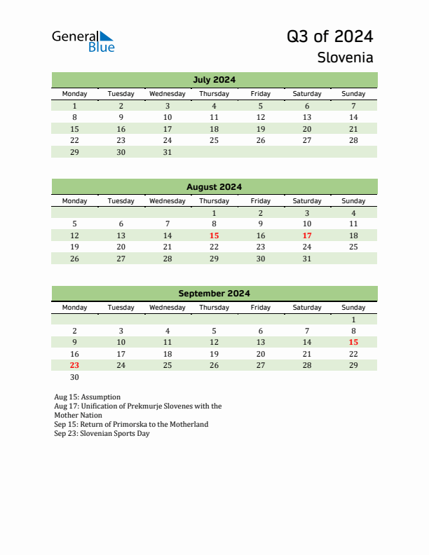 Quarterly Calendar 2024 with Slovenia Holidays