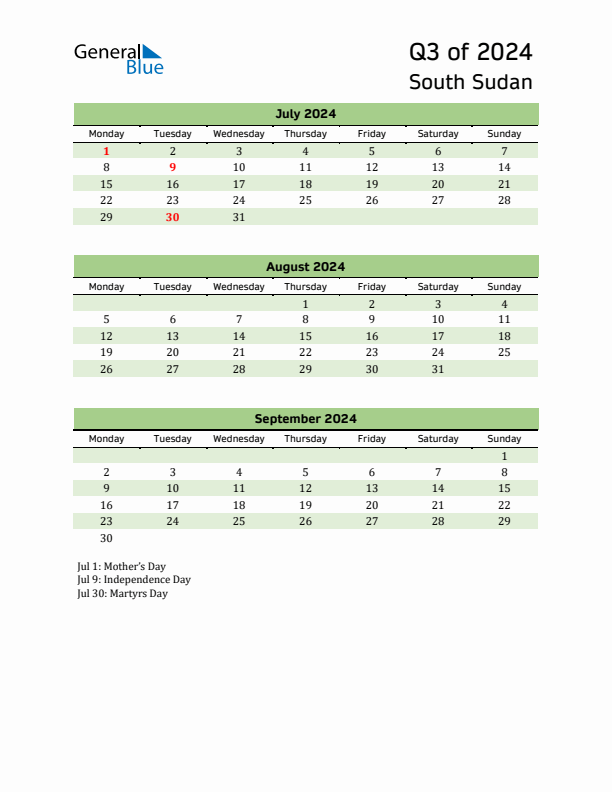 Quarterly Calendar 2024 with South Sudan Holidays