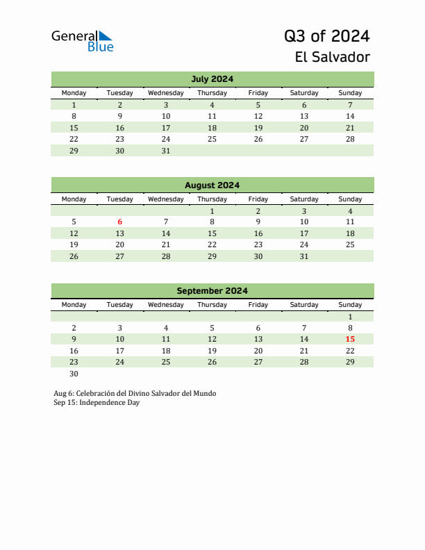 Quarterly Calendar 2024 with El Salvador Holidays