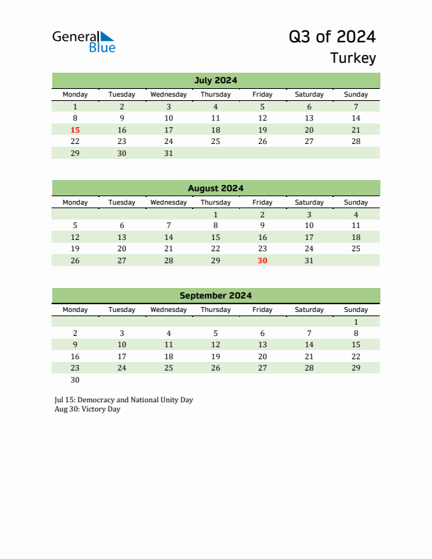 Quarterly Calendar 2024 with Turkey Holidays