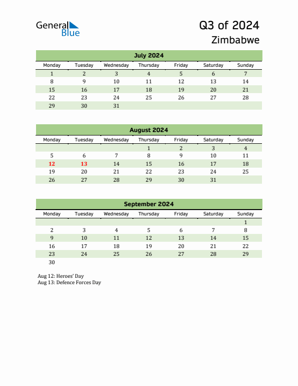 Quarterly Calendar 2024 with Zimbabwe Holidays