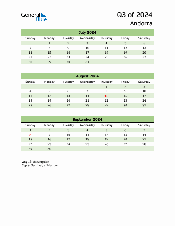 Quarterly Calendar 2024 with Andorra Holidays