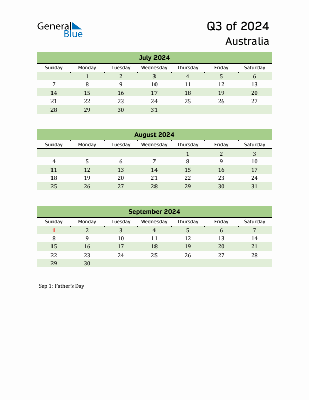 Quarterly Calendar 2024 with Australia Holidays