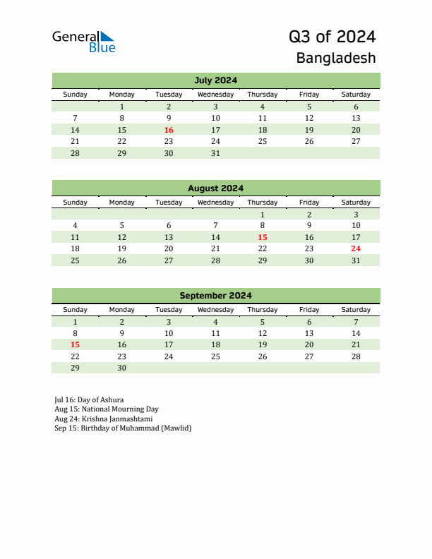 Quarterly Calendar 2024 with Bangladesh Holidays