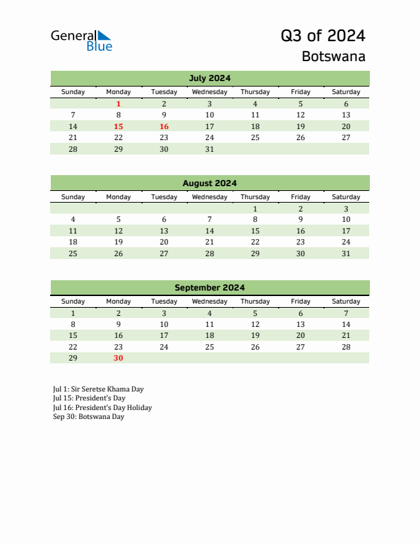 Quarterly Calendar 2024 with Botswana Holidays