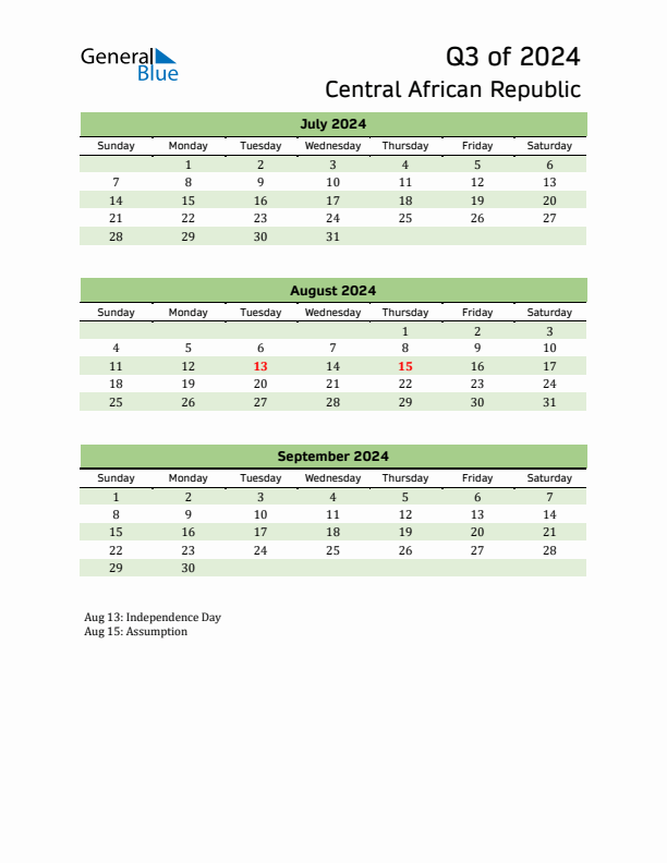 Quarterly Calendar 2024 with Central African Republic Holidays