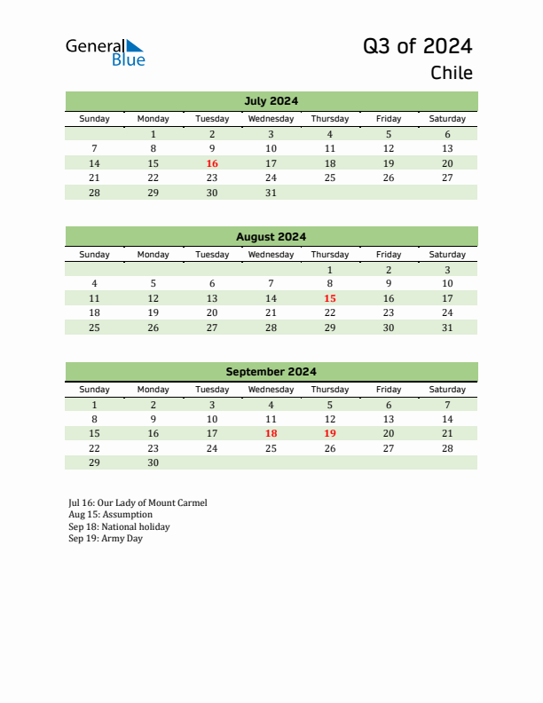 Quarterly Calendar 2024 with Chile Holidays