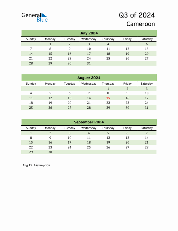 Quarterly Calendar 2024 with Cameroon Holidays