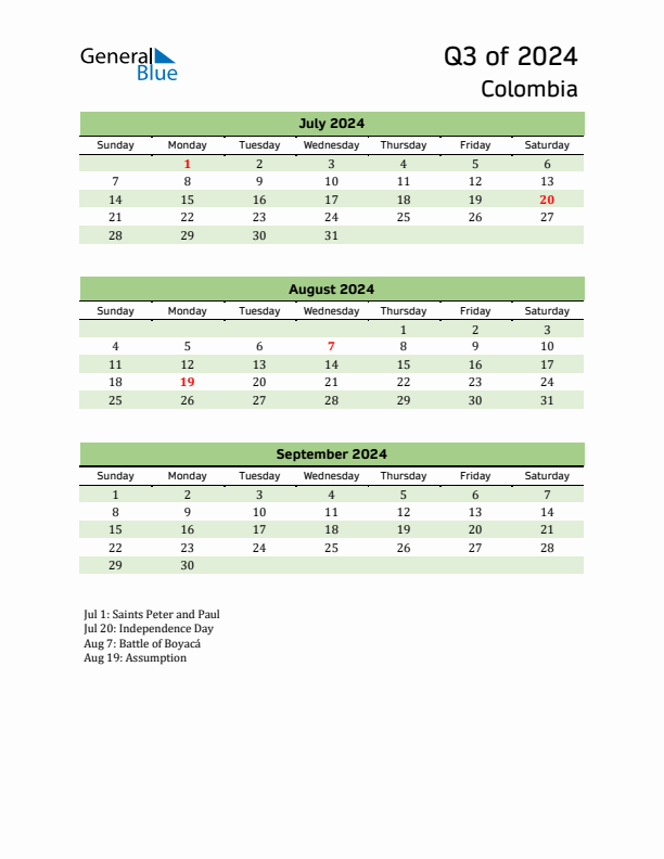 Quarterly Calendar 2024 with Colombia Holidays