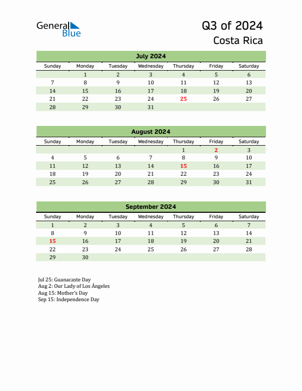 Quarterly Calendar 2024 with Costa Rica Holidays