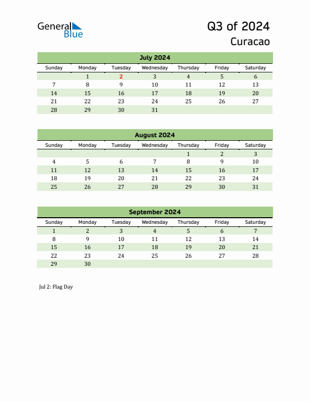 Quarterly Calendar 2024 with Curacao Holidays