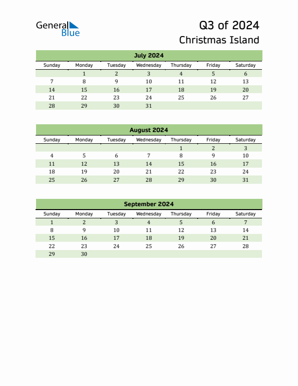 Quarterly Calendar 2024 with Christmas Island Holidays