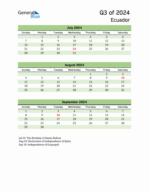 Quarterly Calendar 2024 with Ecuador Holidays