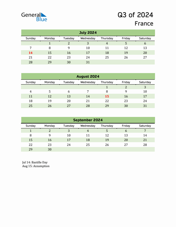 Quarterly Calendar 2024 with France Holidays