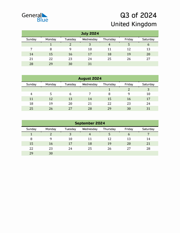 Quarterly Calendar 2024 with United Kingdom Holidays