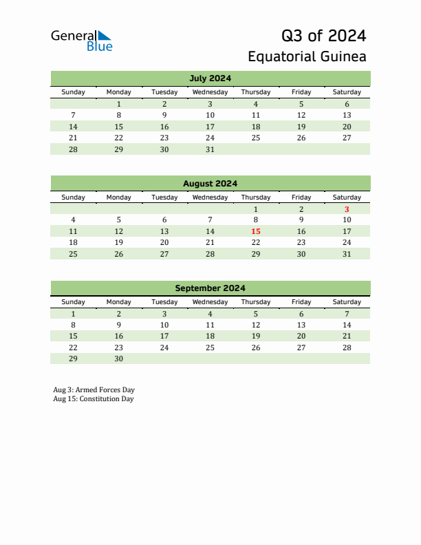 Quarterly Calendar 2024 with Equatorial Guinea Holidays