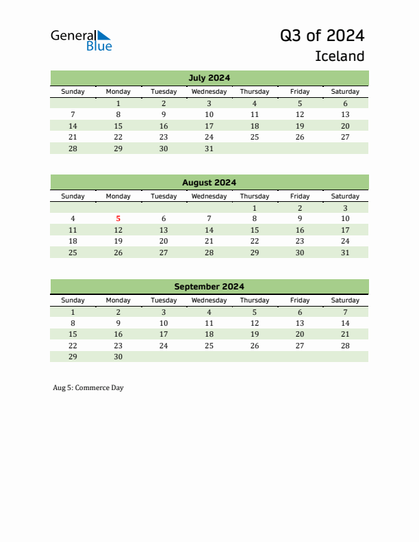 Quarterly Calendar 2024 with Iceland Holidays