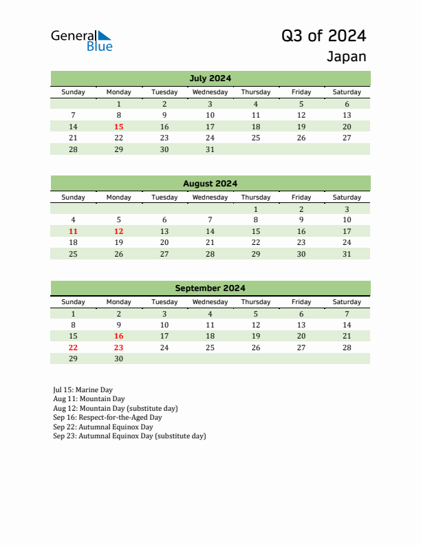 Quarterly Calendar 2024 with Japan Holidays