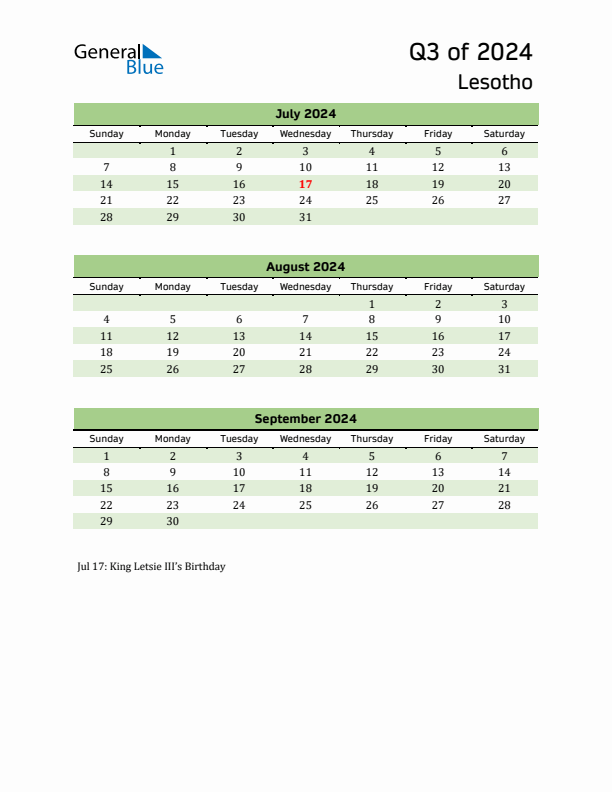 Quarterly Calendar 2024 with Lesotho Holidays