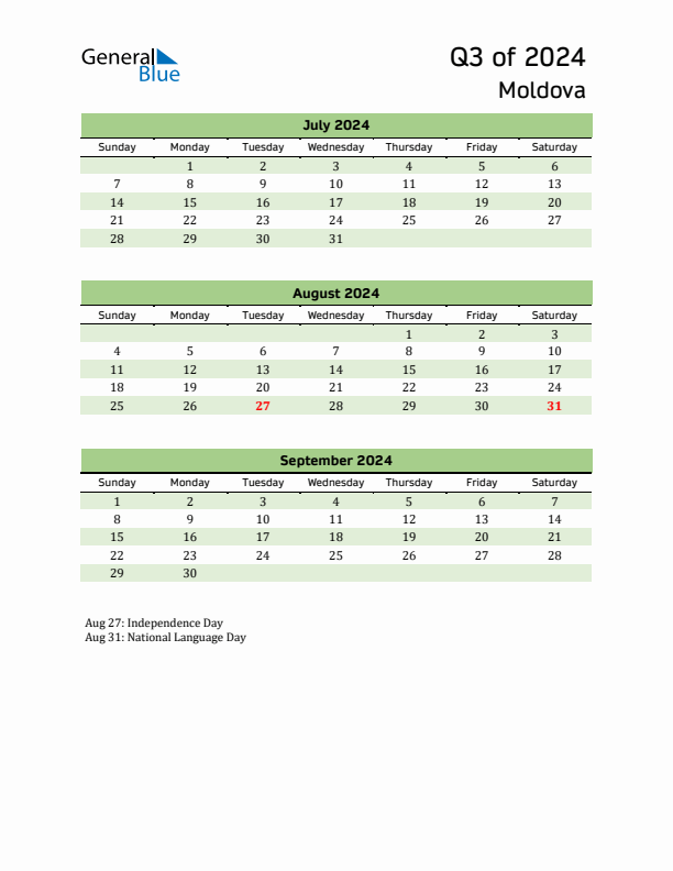 Quarterly Calendar 2024 with Moldova Holidays