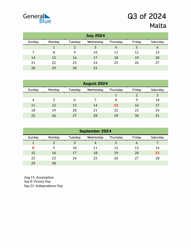 Quarterly Calendar 2024 with Malta Holidays