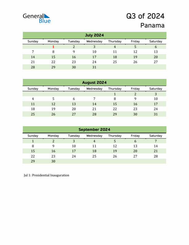 Quarterly Calendar 2024 with Panama Holidays