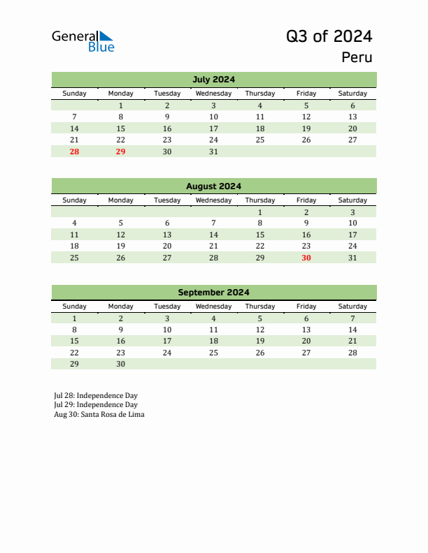 Quarterly Calendar 2024 with Peru Holidays