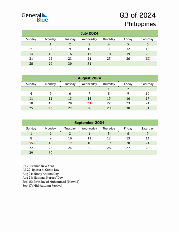 Quarterly Calendar 2024 with Philippines Holidays