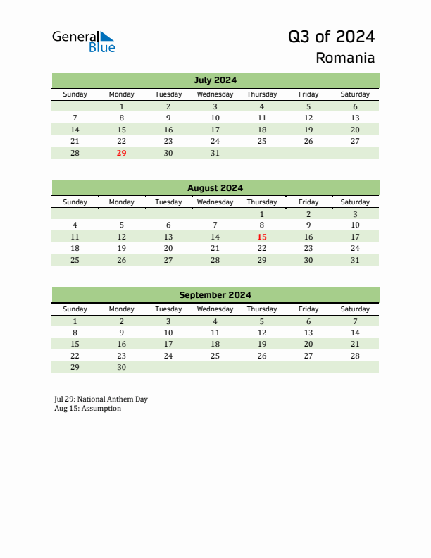 Quarterly Calendar 2024 with Romania Holidays